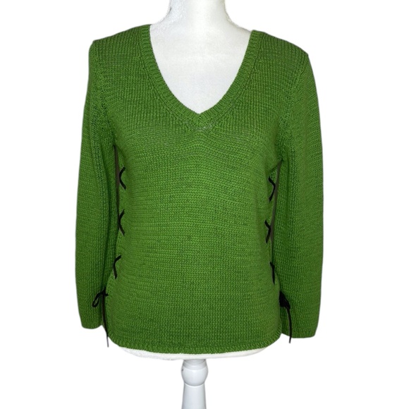 Finity Studio Green Acrylic Cotton V-neck Long Sleeve Leather Laced Sides Sz M - Picture 1 of 11